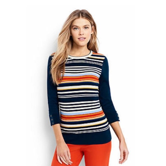 LANDS'END Ottoman Stripe Sweater Deep Sea Sweater - Picture 1 of 5